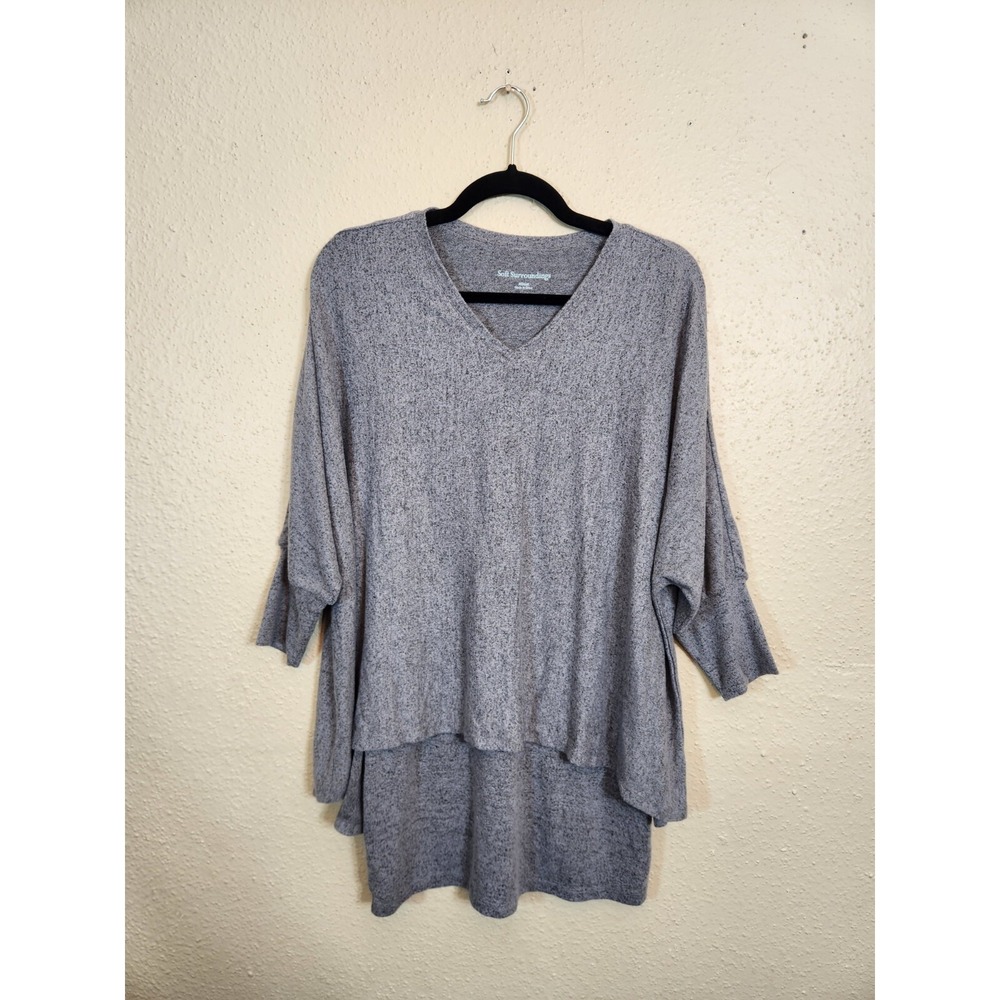 Soft Surroundings Tunic Gray Womens XS Oversized V-Neck High-Low‎ Marled Knit